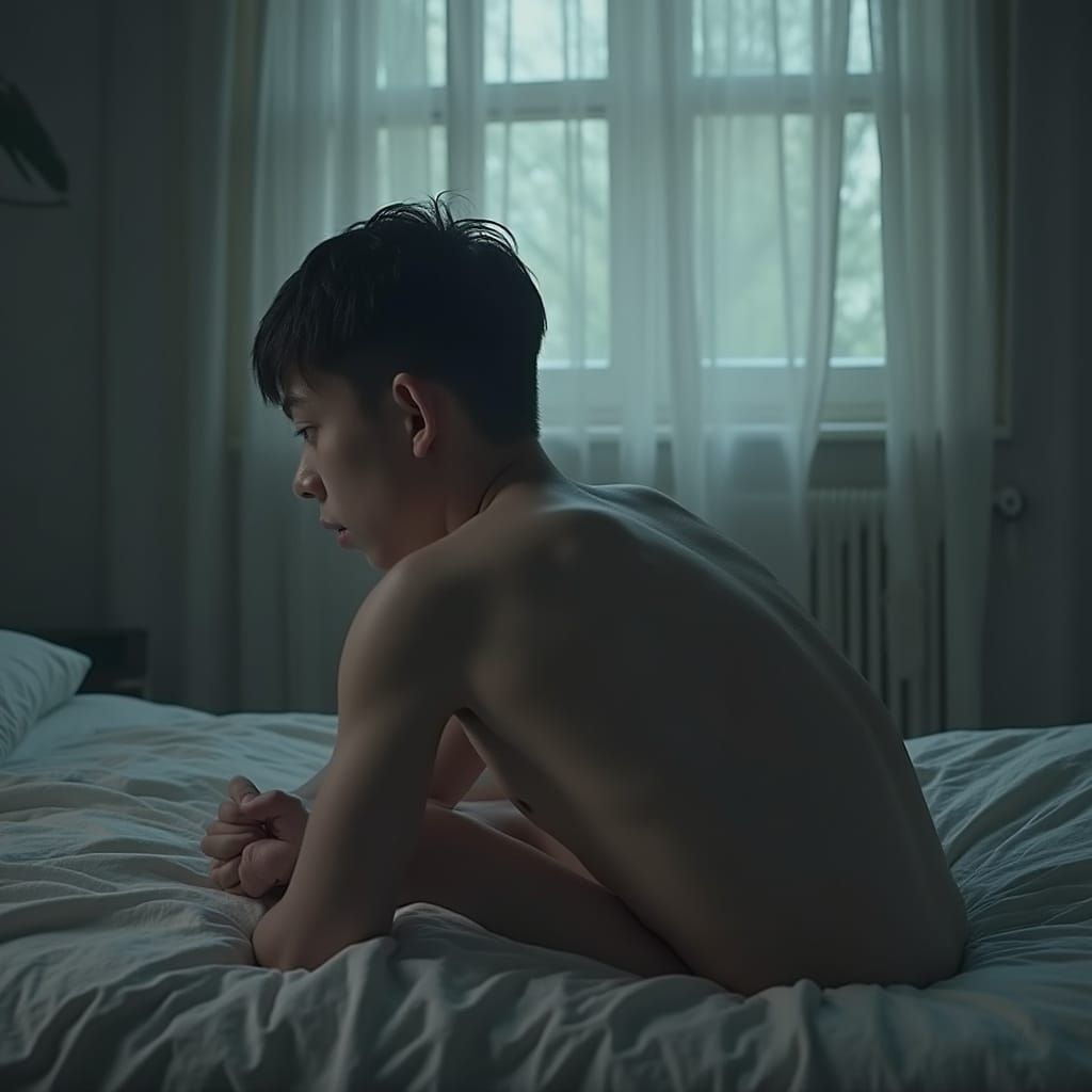 Young Man in Surreal Bed Pose, Inspired by Contemporary Surr...