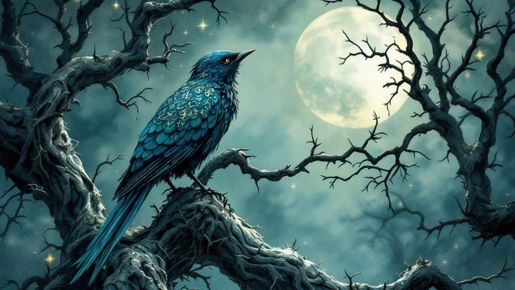 Mystical Bird Sings in Moonlit Thorn Forest