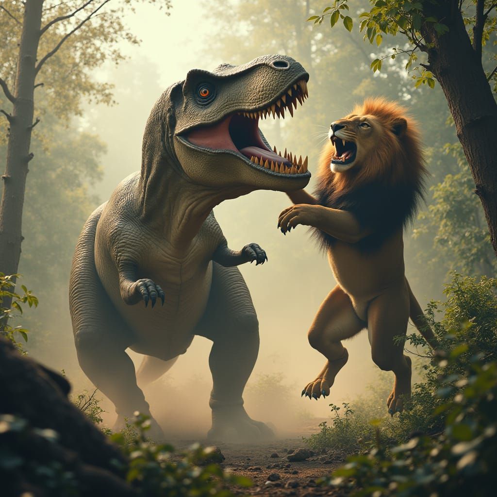 T-Rex vs Lion: Jungle Battle in Cinematic Style