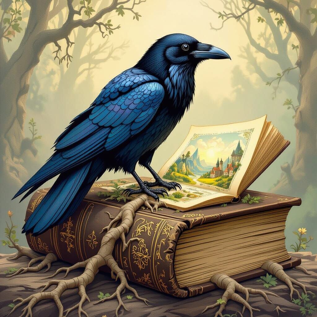 Raven on Ancient Book Revealing Miniature Worlds