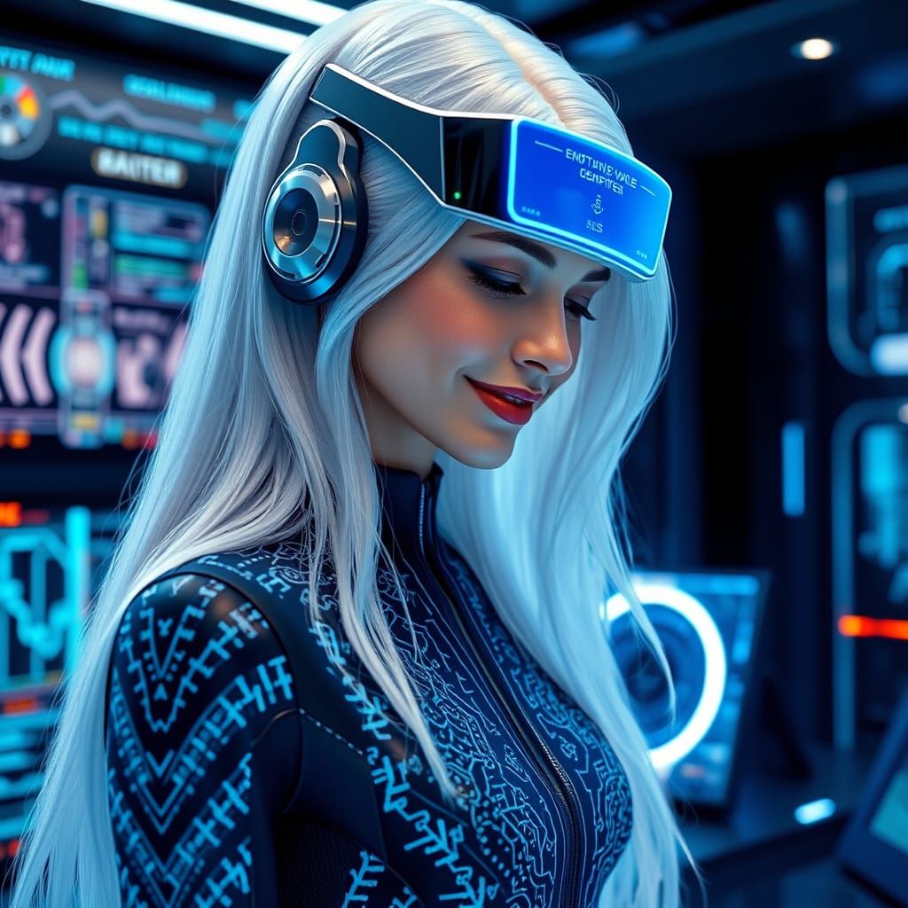Cyberpunk Empath with Holographic Hair and Digital Patterns