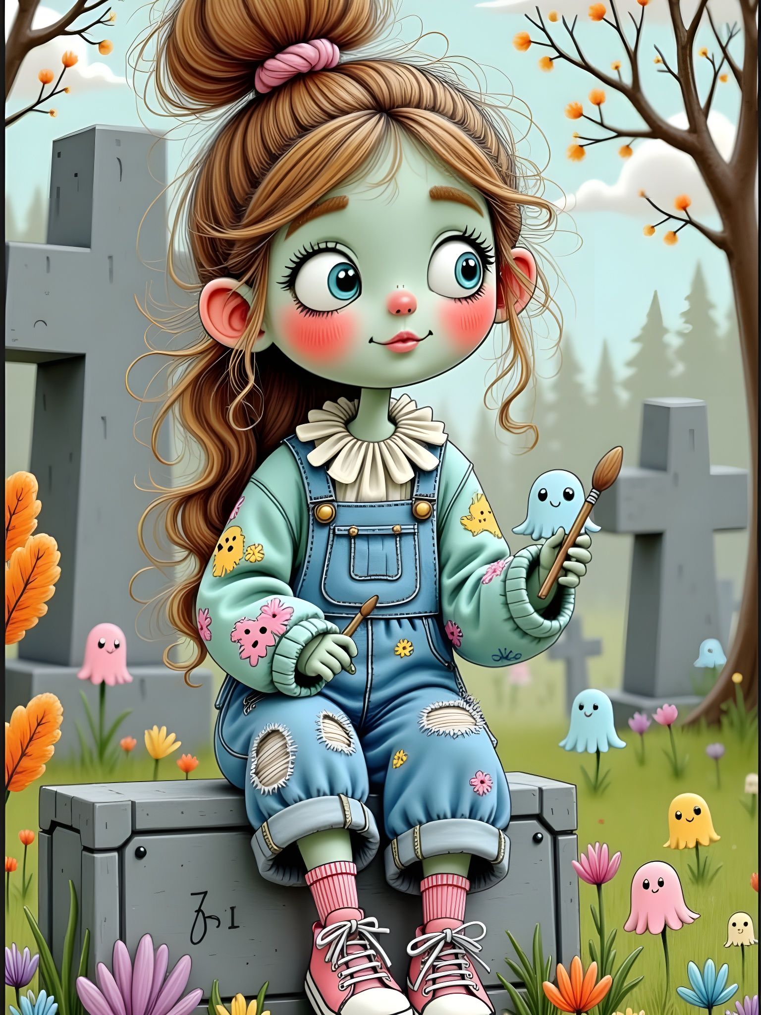 Zombie Girl Paints Ghosts on Tombstone in Pastel Tones