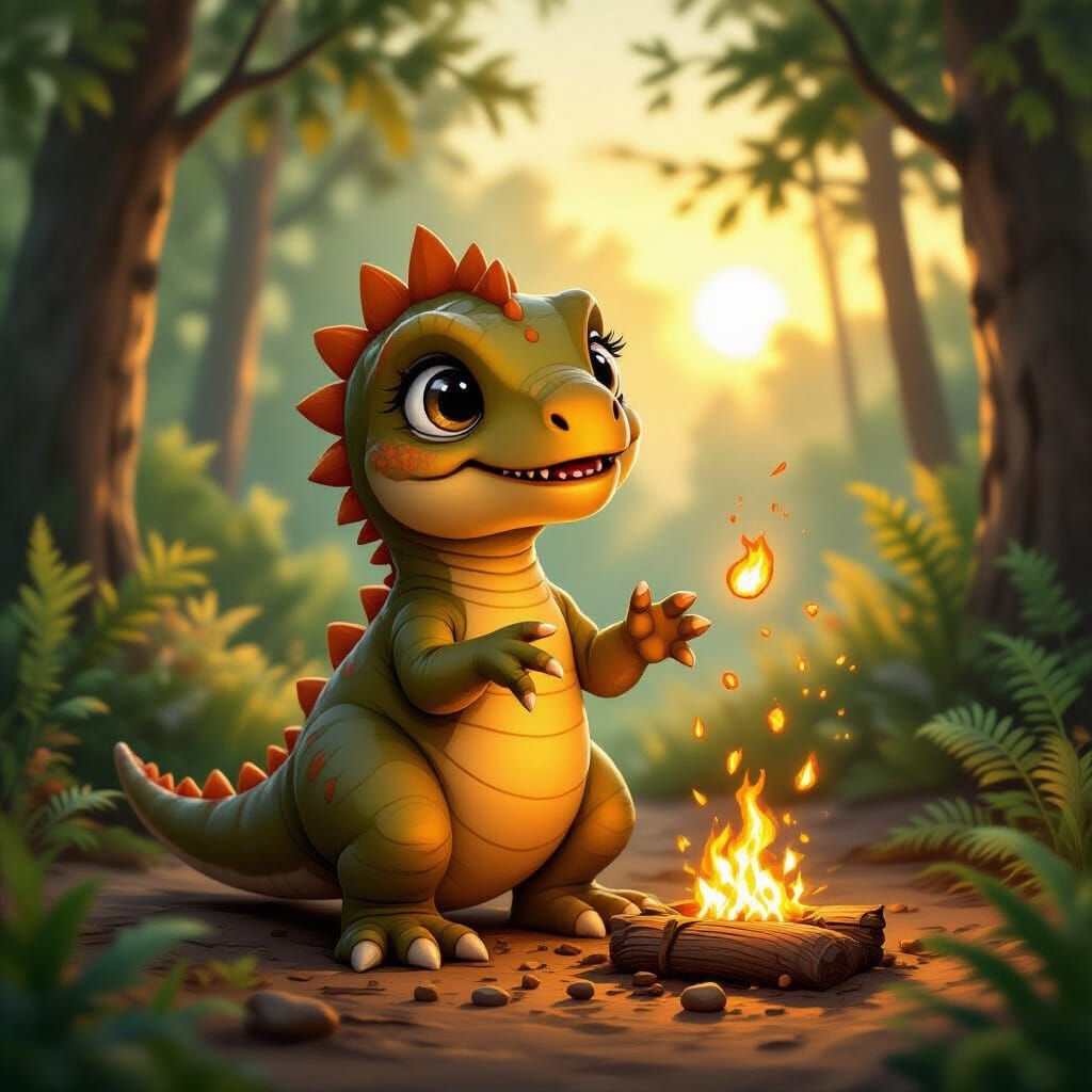 Playful Baby Dinosaur Juggling Embers in Fantasy Forest