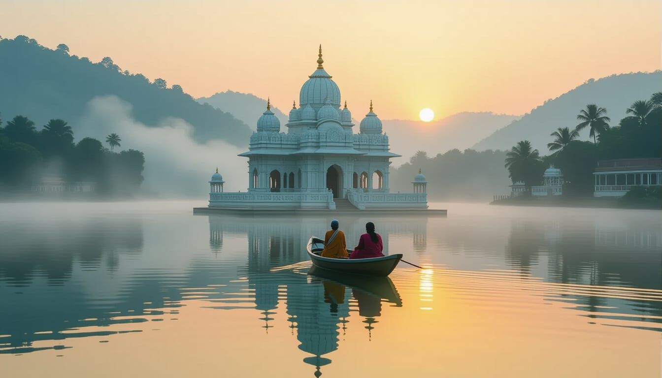 White Marble Temple in Misty Lake Sunset