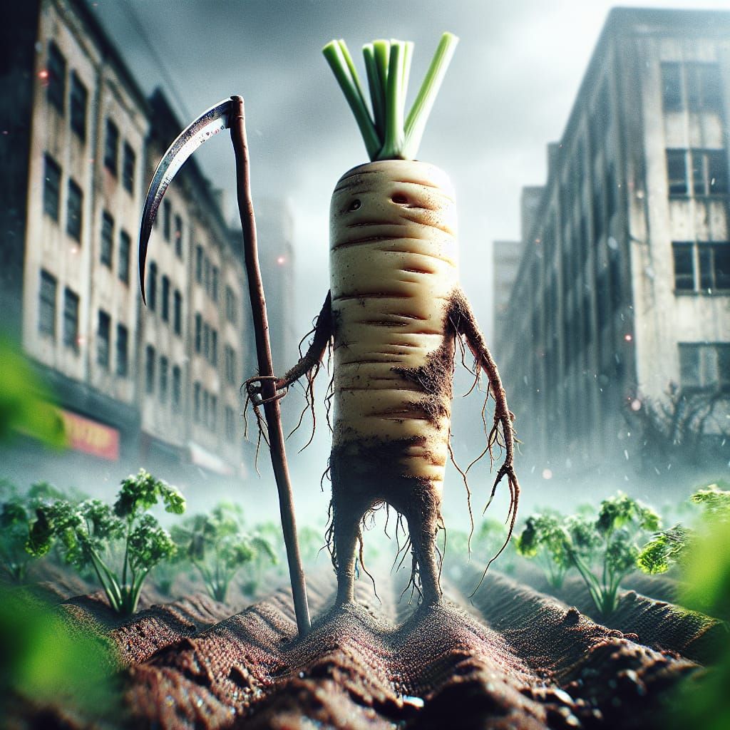 Hyperrealistic Parsnip Warrior in Dystopian Landscape