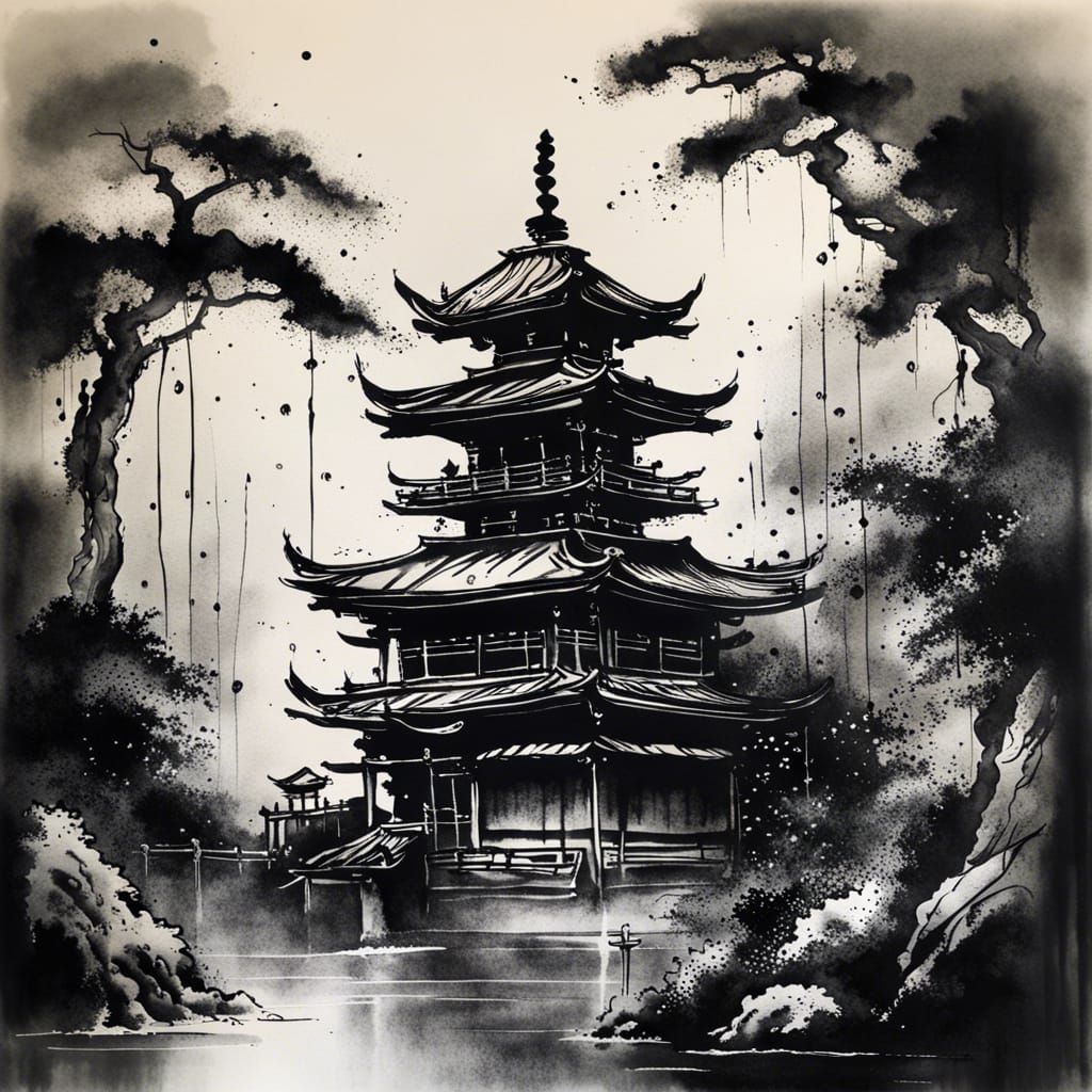 Lonely Silkpunk Temple in Japan Ink Painting