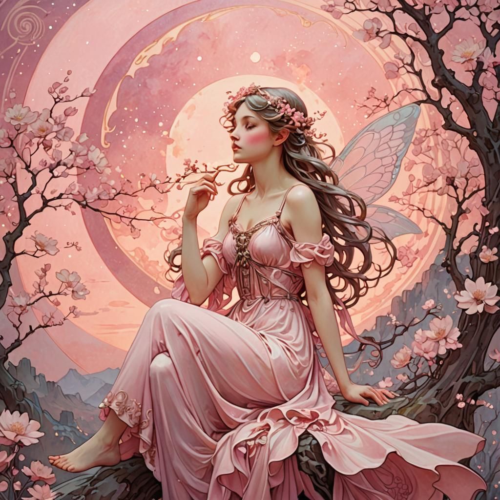 Pink Fairy on the Moon in Art Nouveau Style