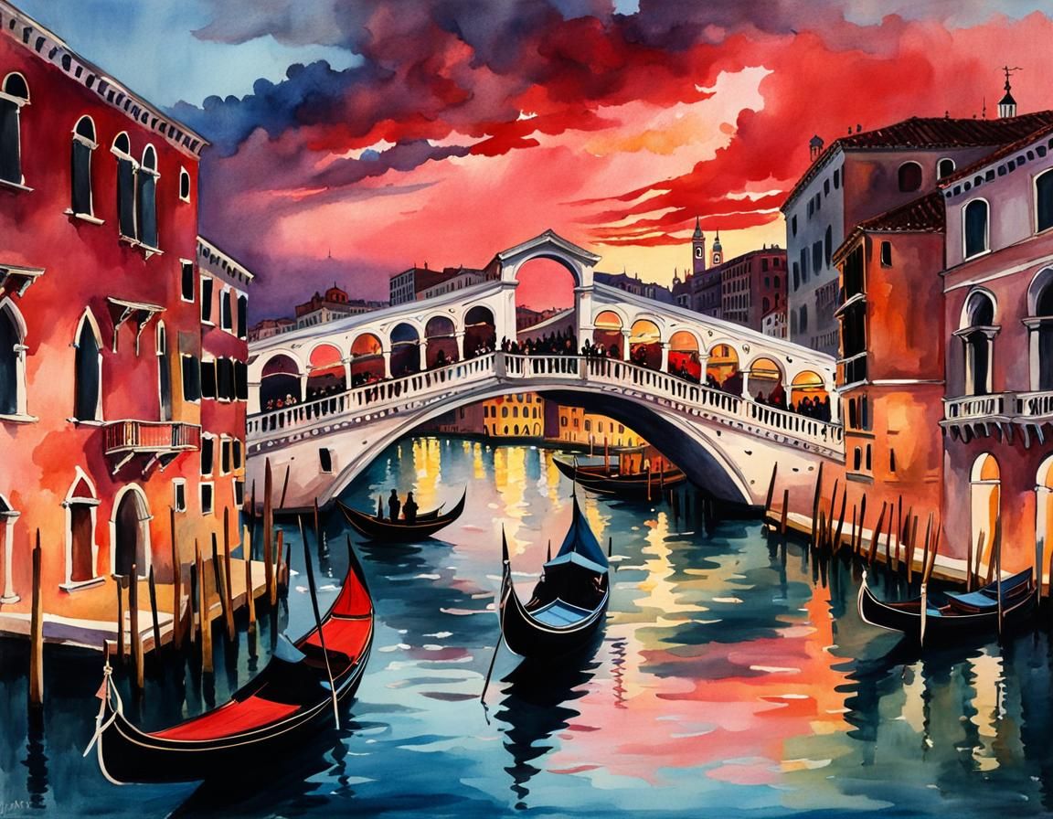 Venice Rialto Bridge at Sunset: Aquarelle Painting