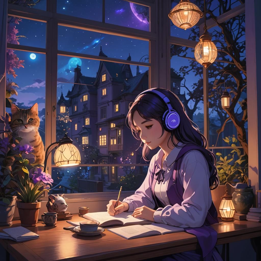 Lofi Girl Studying at Night: Anime-Inspired Art