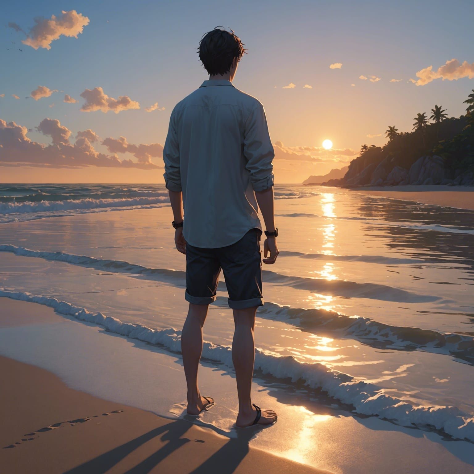 Man Watches Sunset: Detailed 3D Anime Art