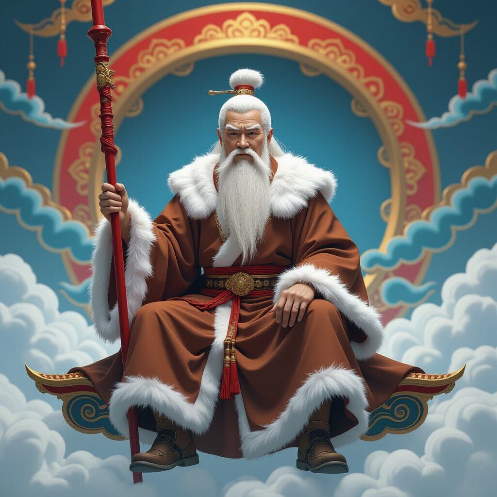 Elderly Asian Man on Cloud Platform in Dramatic Splash Art S...