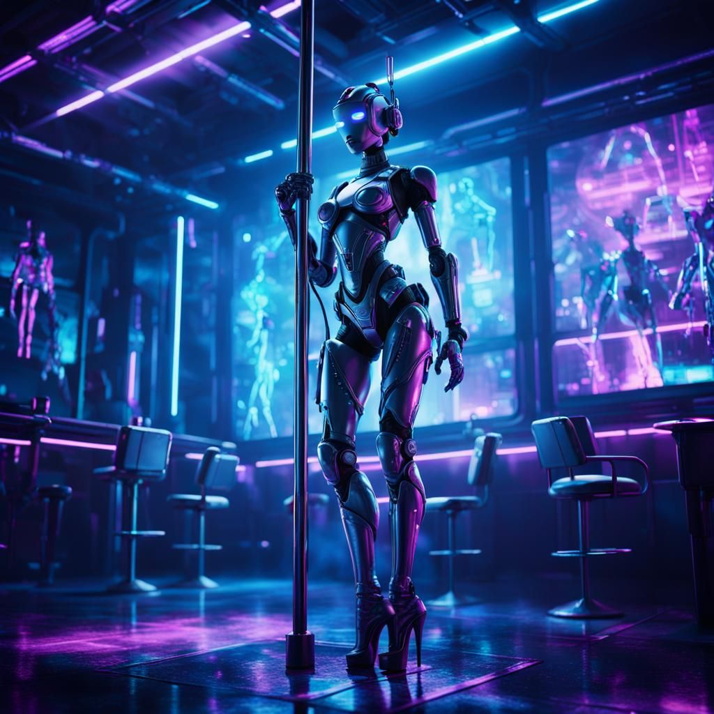 Female Robot Pole Dancing in Cyberpunk Nightclub
