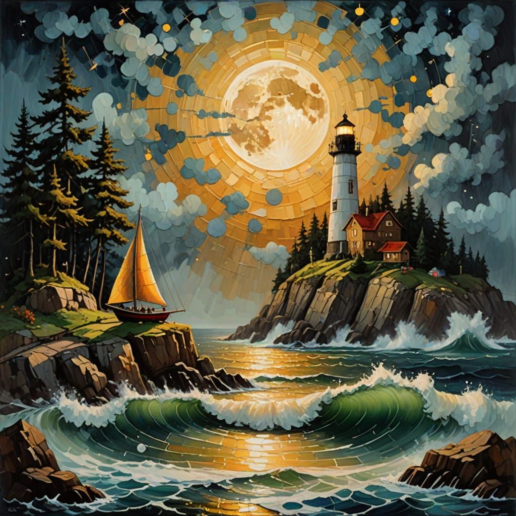 Fantasy Seascape: Lighthouse and Sailboat as Oil Painting