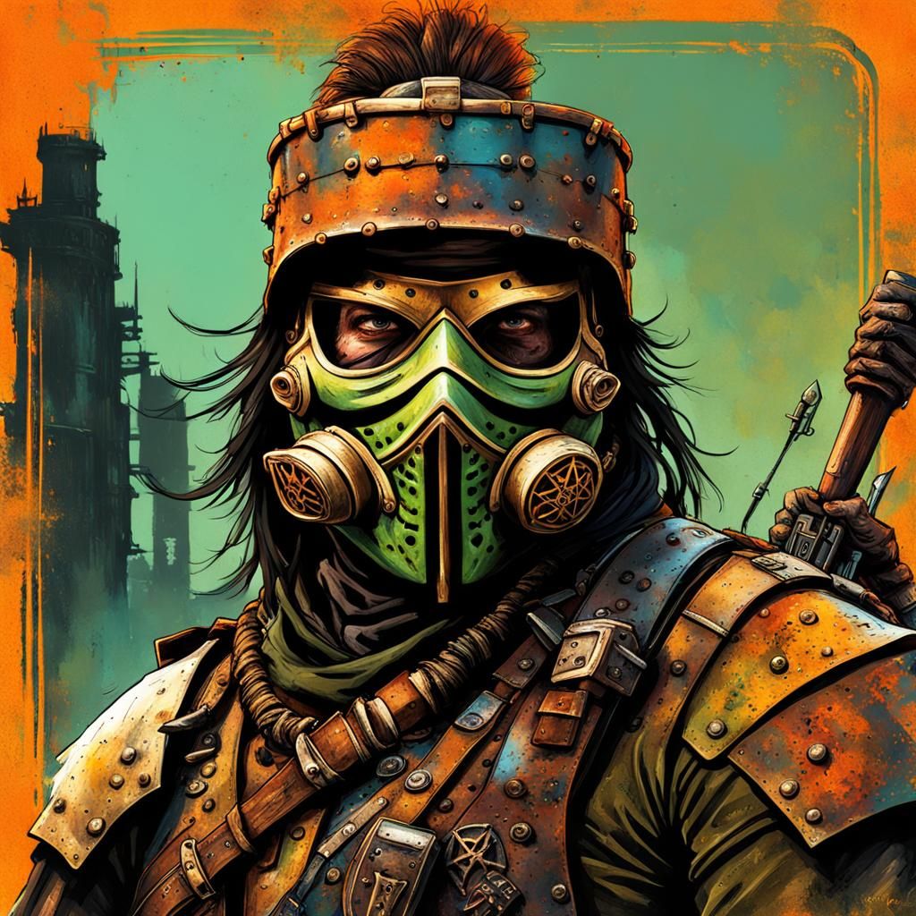 Post-Apocalyptic Raider in Nuclearpunk Cityscape