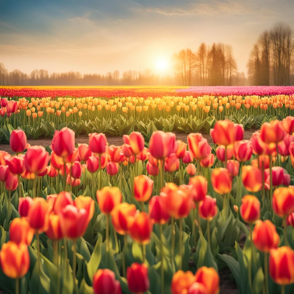 Vibrant Tulips Blooming Under Sunny Sky