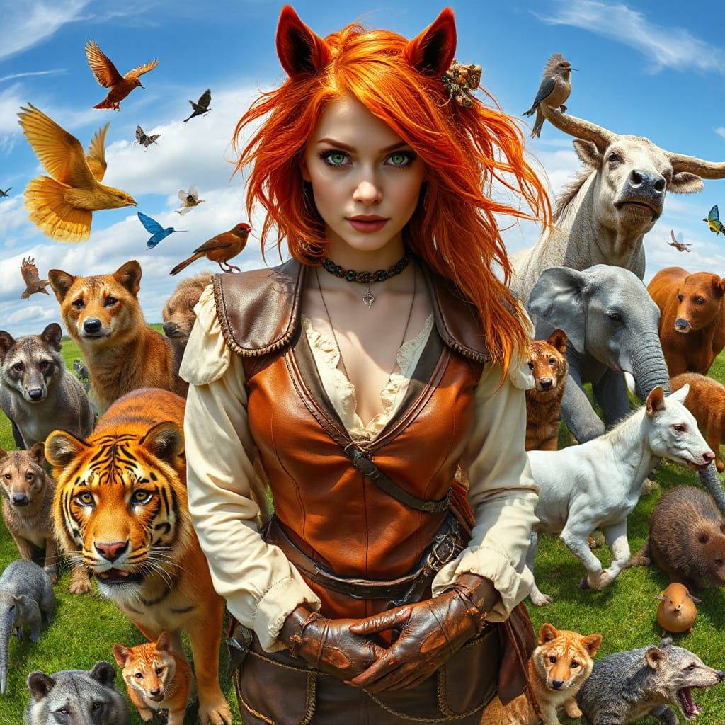 Gorgeous Redhead Woman Surrounded by Wild Animals in a Vibra...