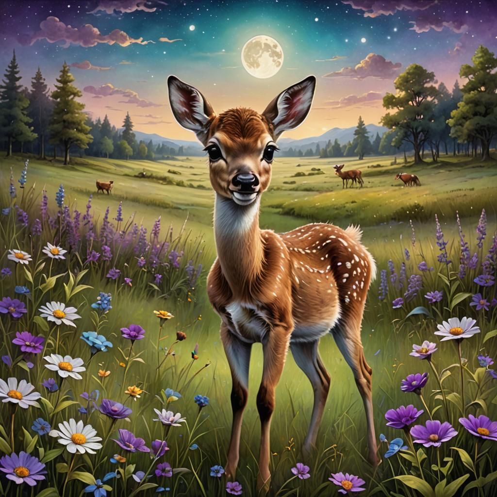 Beautiful cute happy fawn, summer landscape, meadow, brown, ...