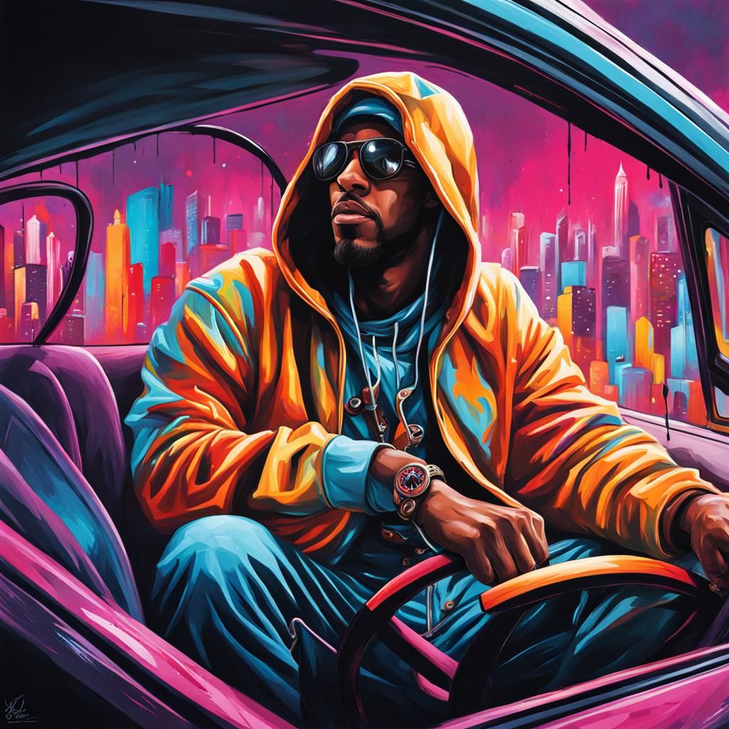 Man Drifting in Car: Graffiti Art with High Contrast