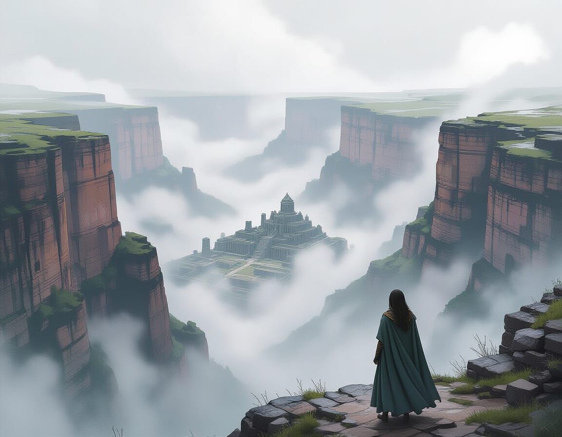 Female Guard Overlooking Mist-Filled Canyon Ruins
