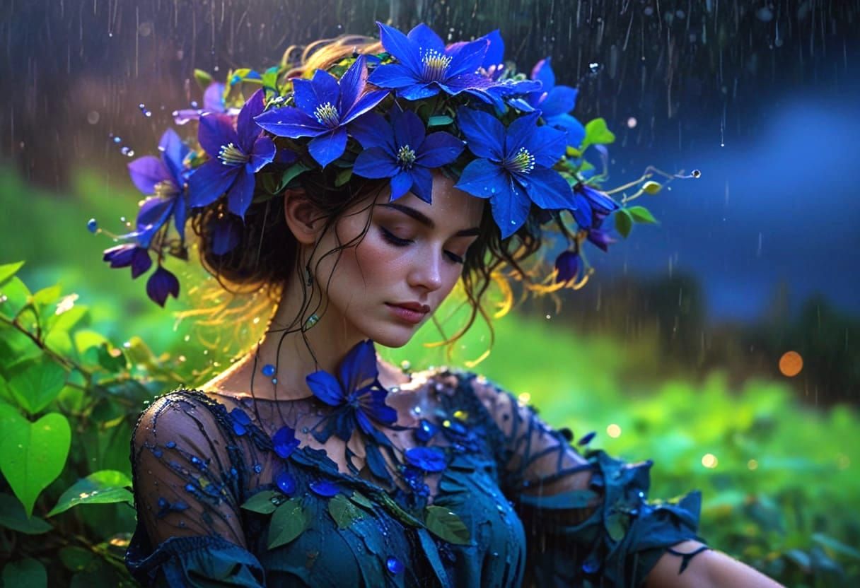 Surreal Blue Clematis in a Stormy Grunge Garden