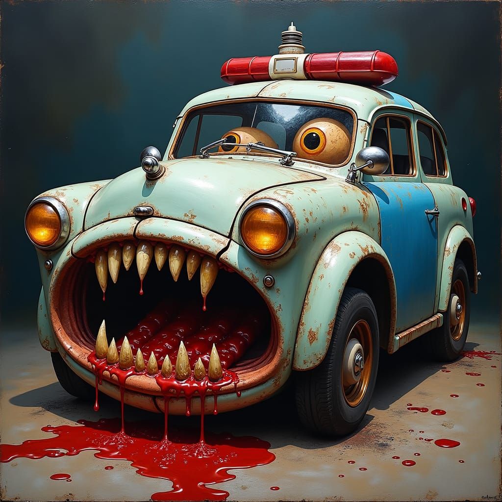 Grotesque surrealism. medium shot. Terribly ugly POLICE car ...