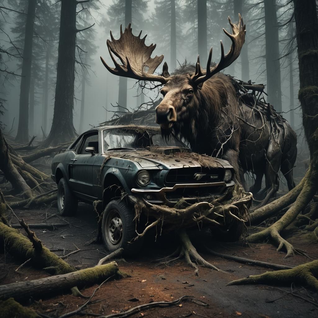 Moose Awakening in Crashed Mustang: Dark Surrealism