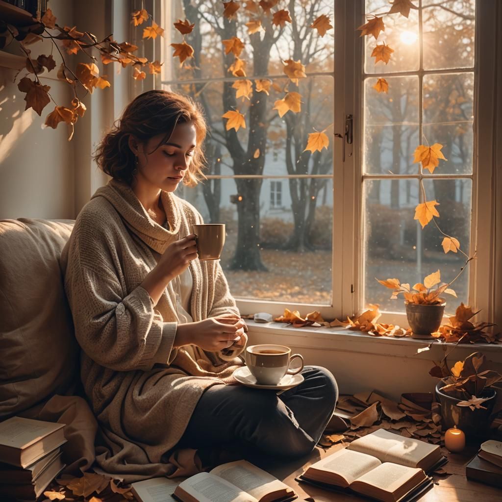 Cozy Autumn Evening: Woman with Warm Drink