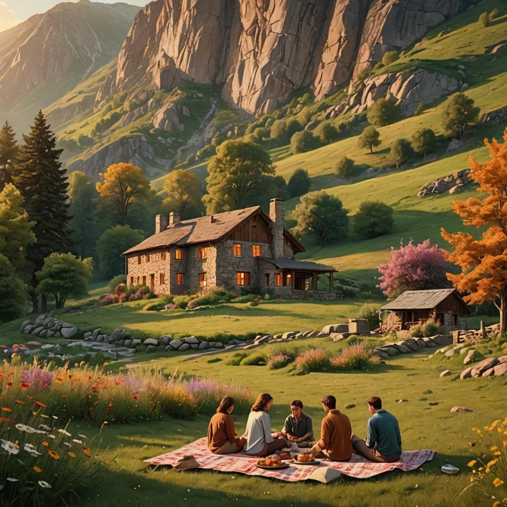 Family Picnic in Mountain Valley: Photorealistic Digital Art