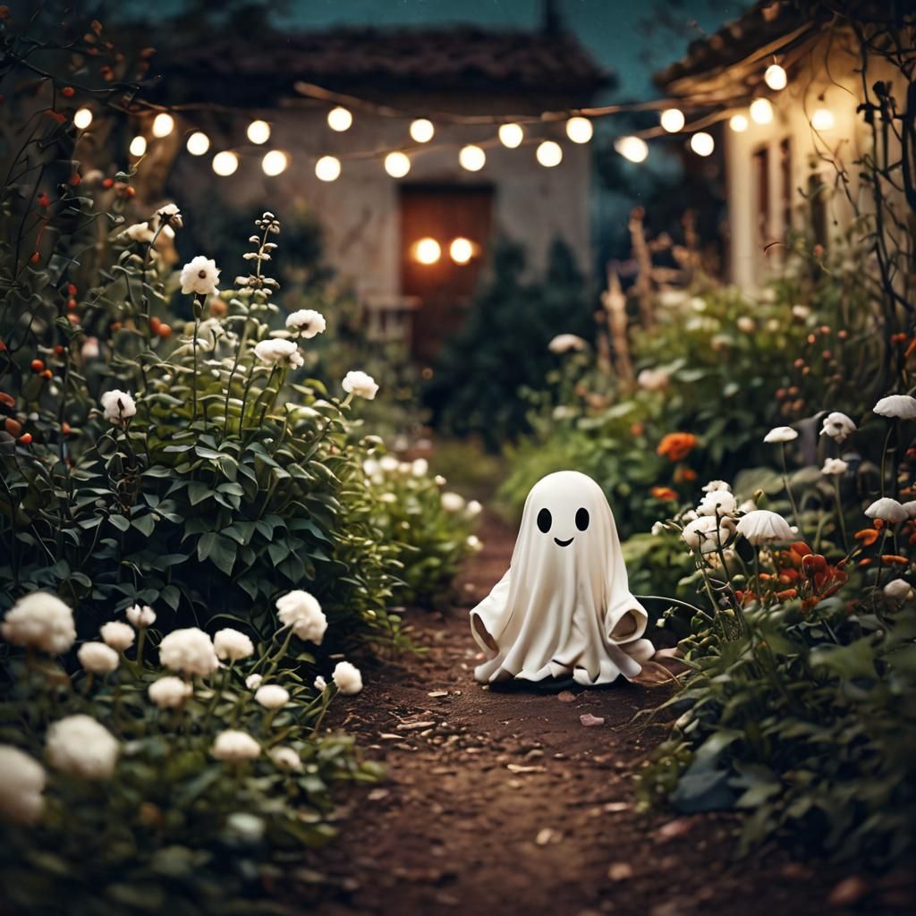 Cute Little Ghost in Garden: Vintage Photography