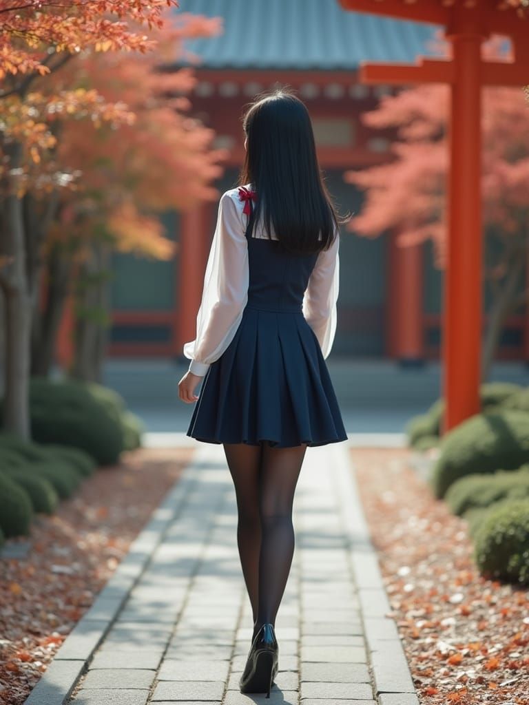 Kaori in Shrine Courtyard with Autumn Leaves