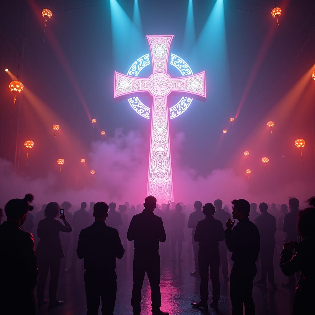 Glowing Celtic Cross at Halloween Rave, in Dark Surrealism