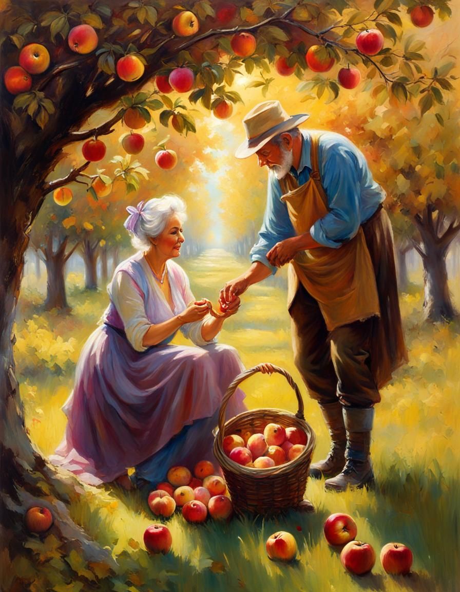 Old couple picking apples in orchard