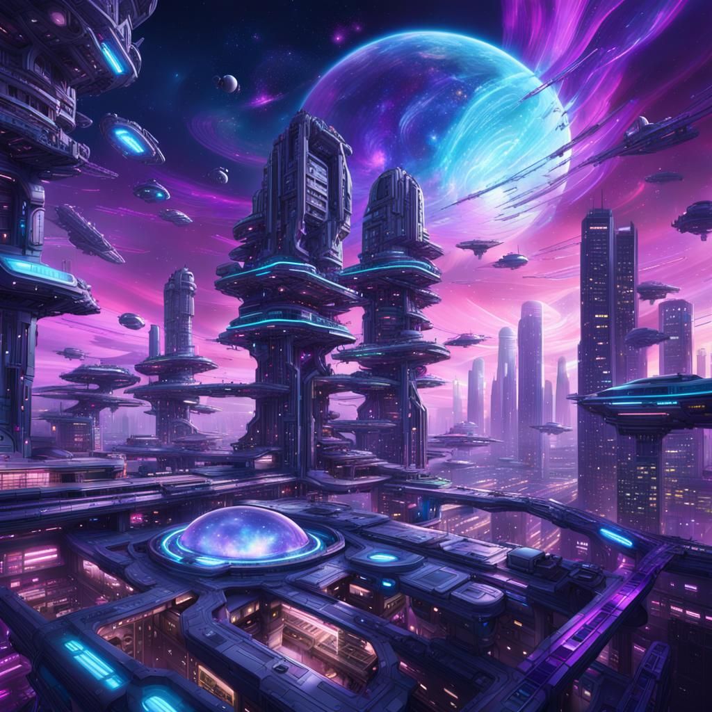 Futuristic Neon Space Station City in Digital Art