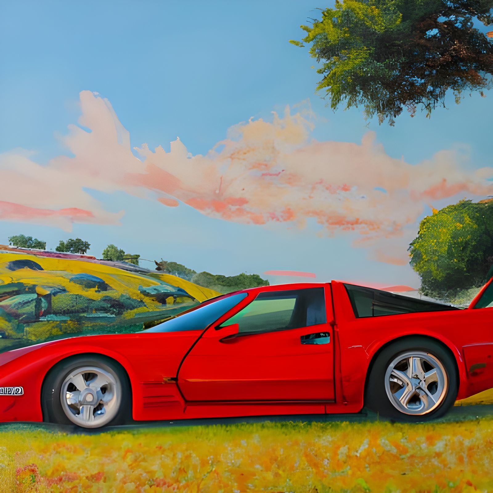 Red Corvette on a Summer Day: Oil Painting