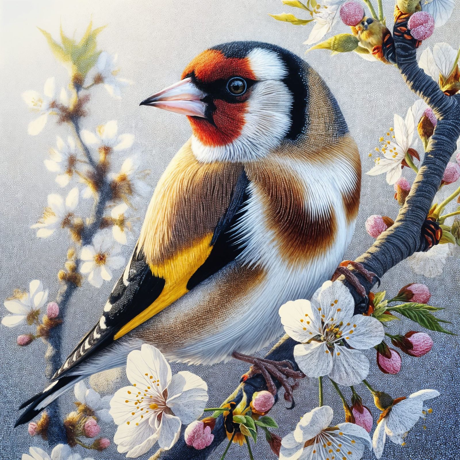 Pointillist Goldfinch on Cherry Blossom Branch