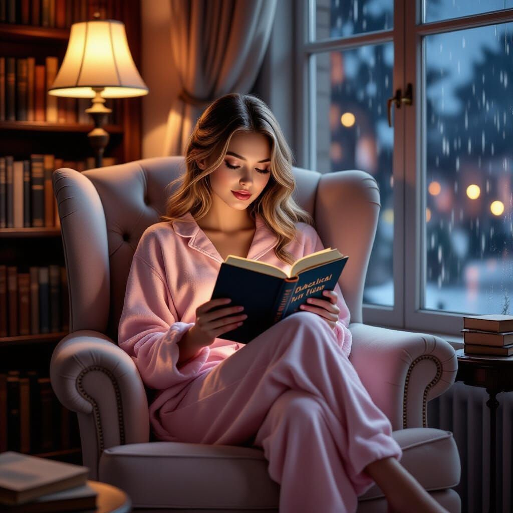 Girl Reading Book in Armchair, Moody Lighting