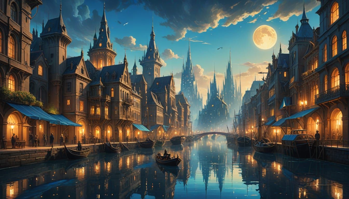 Futuristic City Oil Painting with Flying Ships