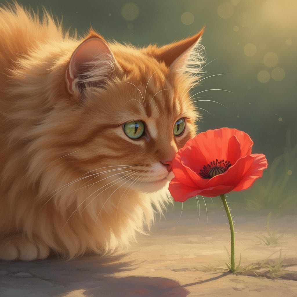Ginger Cat Gazes at Red Poppy in Sunlight