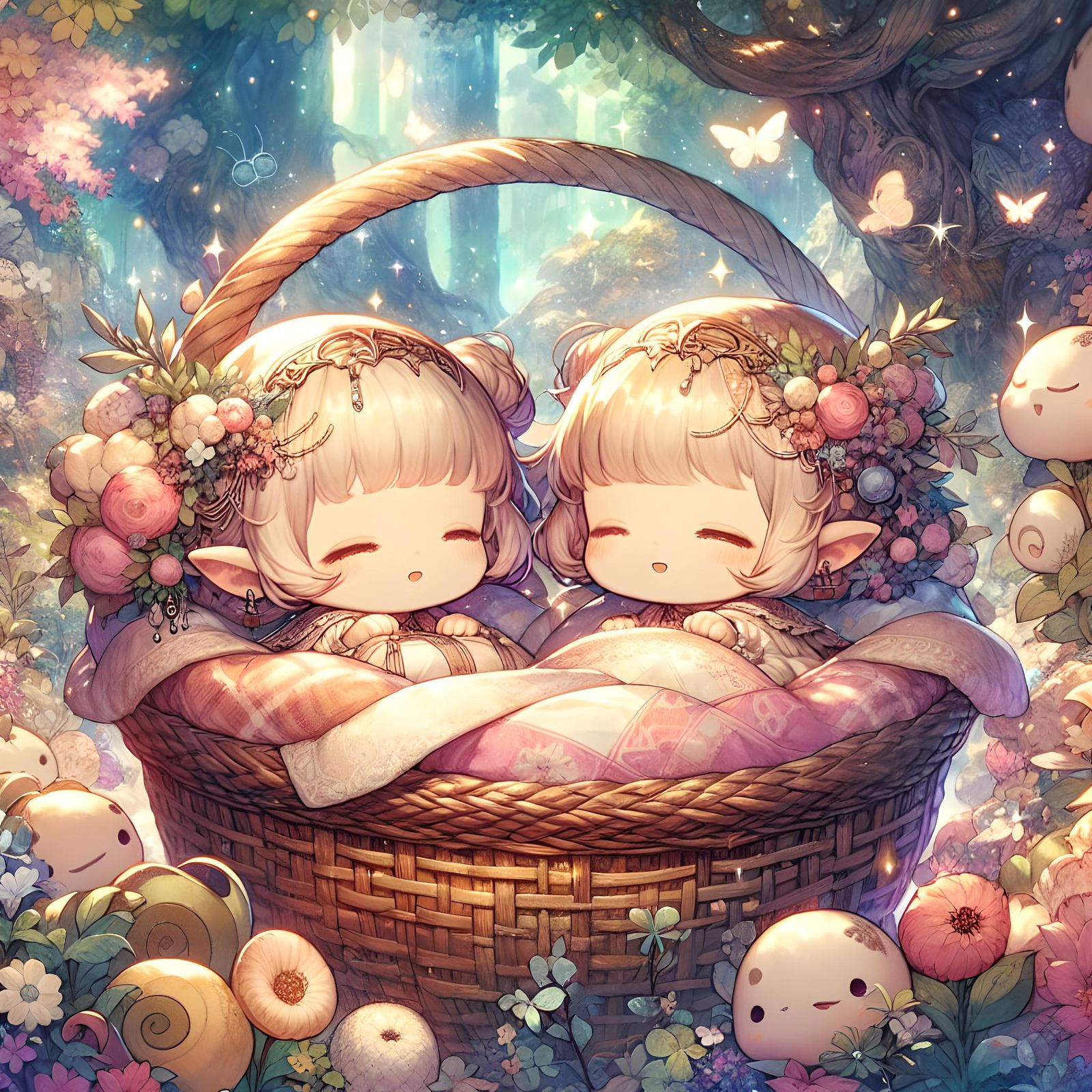 Anime Sisters Sleeping in Forest Basket