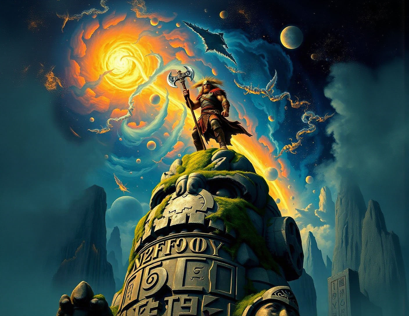 Barbarian Warrior on Ancient Statue in Cosmic Sky