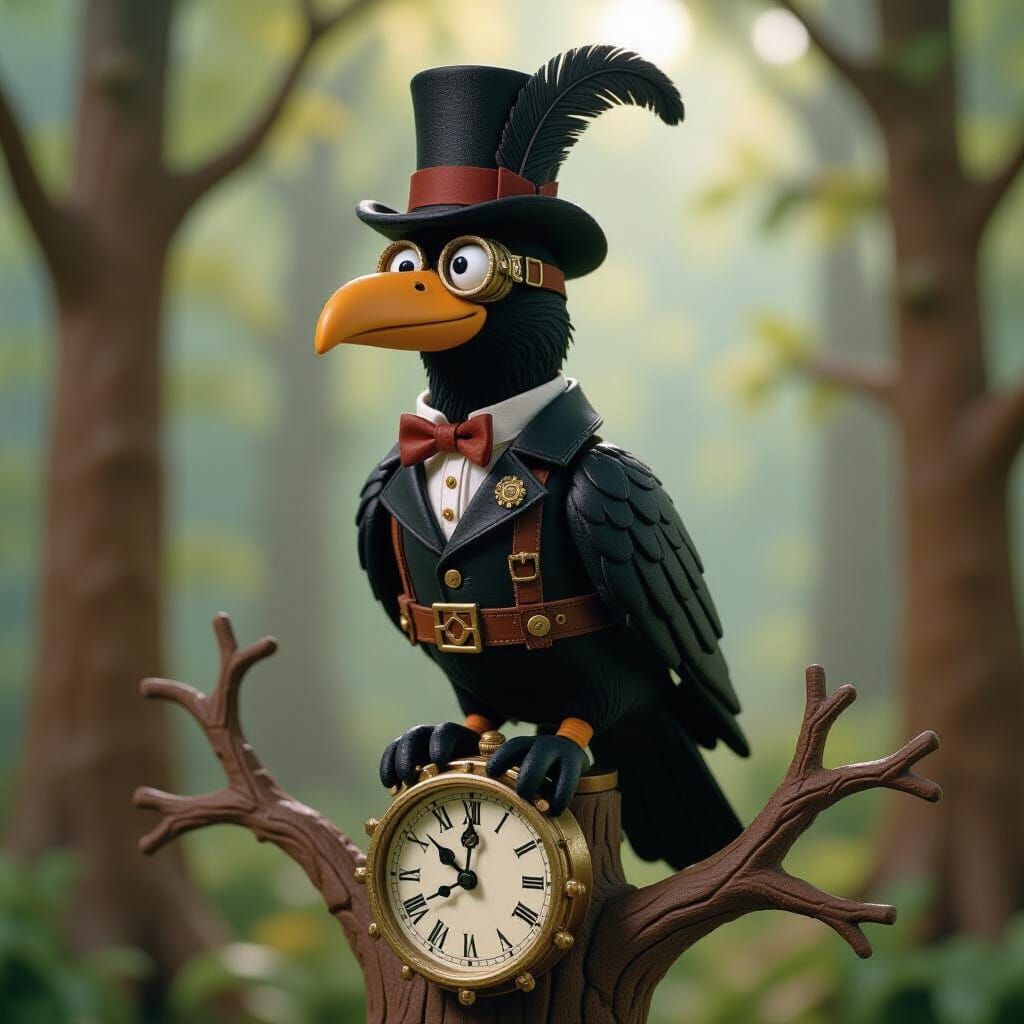 Steampunk Raven on Clockwork Tree in Claymation Style