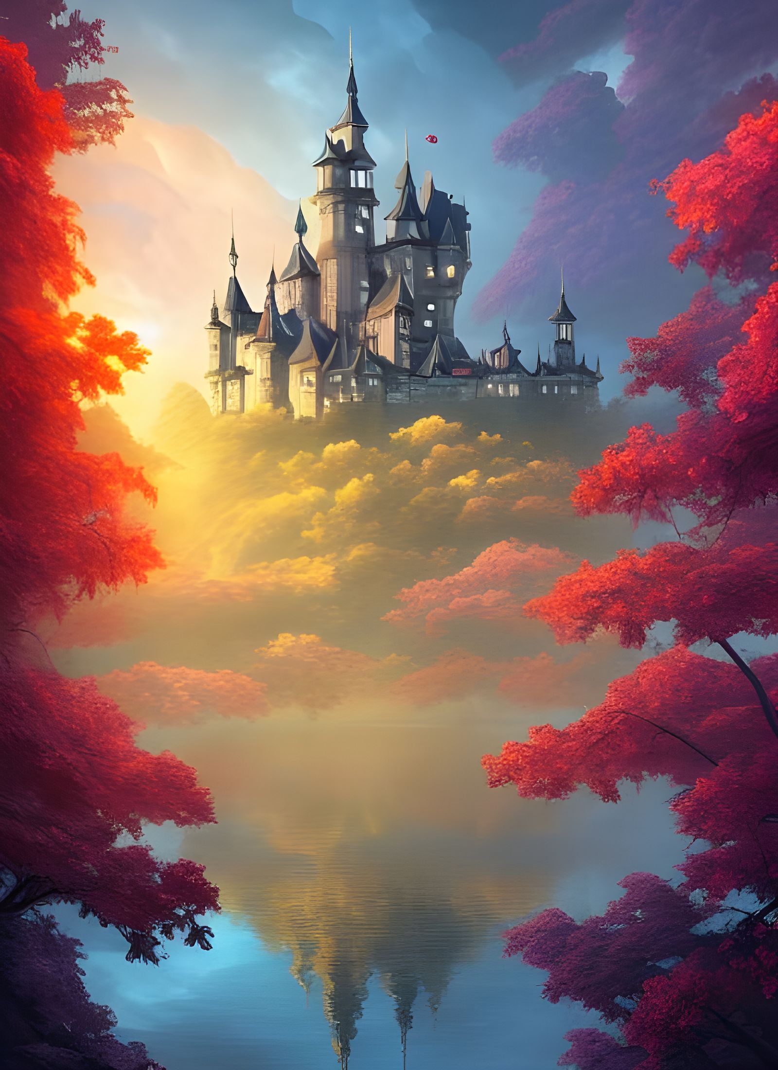 Castle in Blossom Forest Sunset: Digital Matte Painting