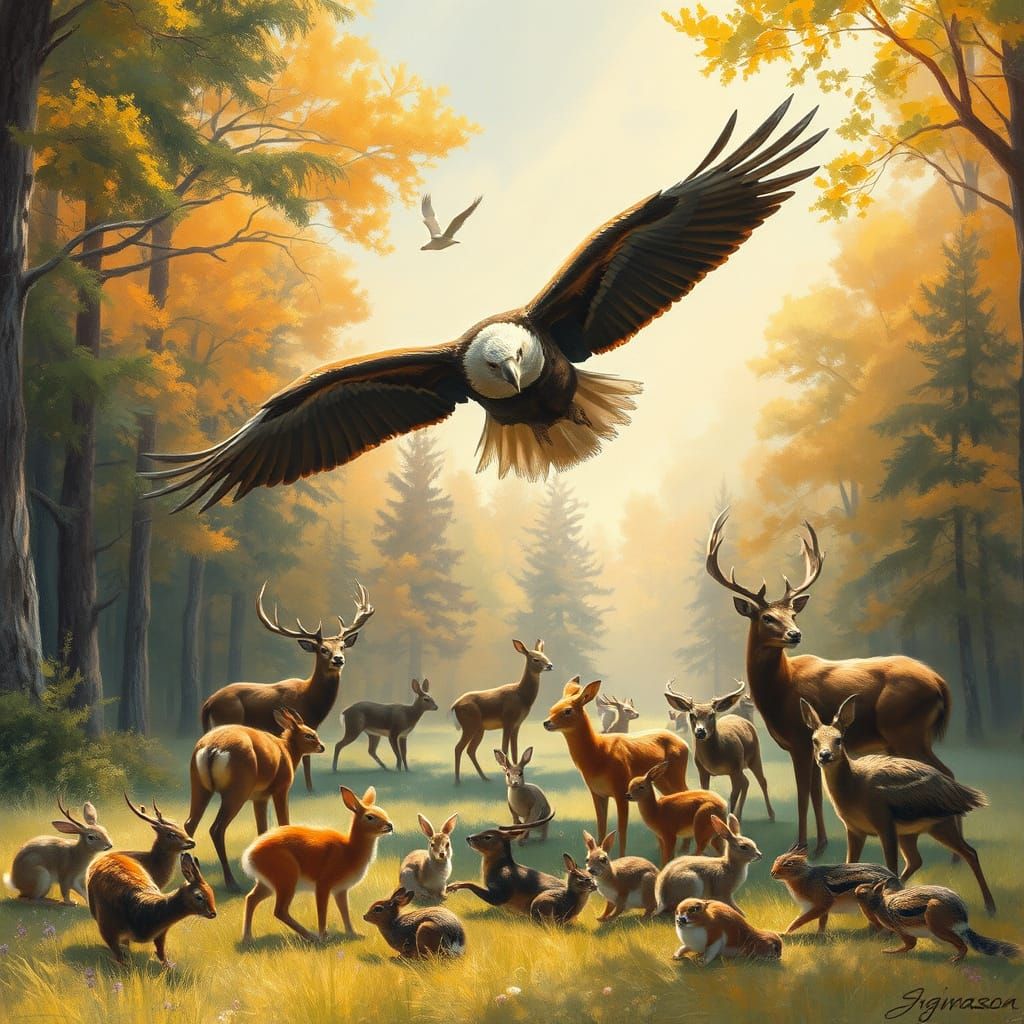 Majestic Eagle Soars Over Diverse Forest Gathering