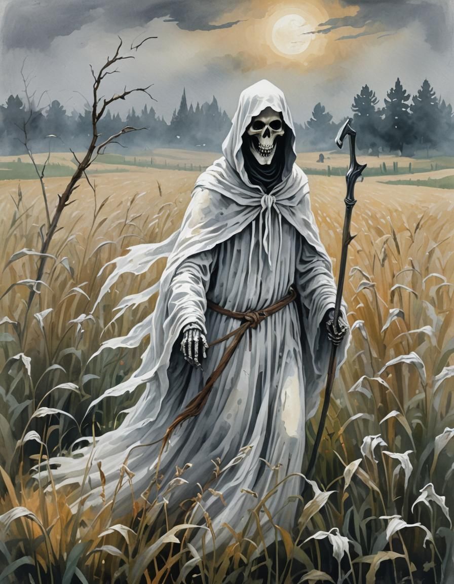 Ghost Reaper in Misty Field: Impressionist Gouache Painting
