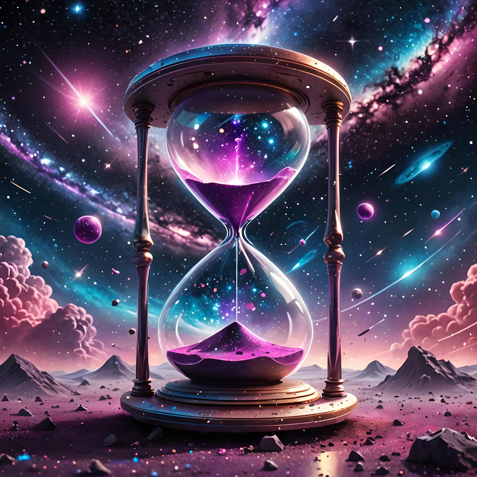 An hourglass suspended in mid-air, surrounded by swirling galaxies and cosmic dust. The hourglass should have a futurist...