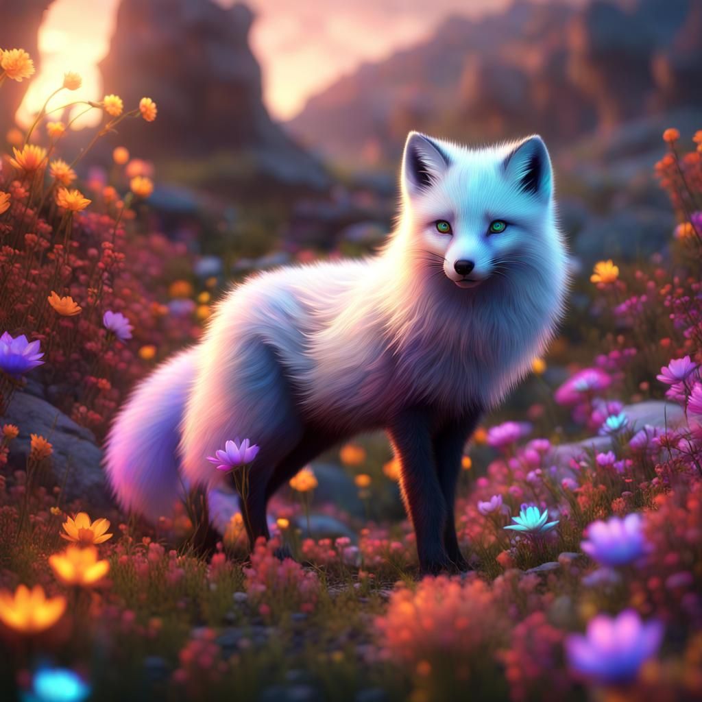 Glowing Arctic Fox with Luminous Flowers in Detailed Renderi...