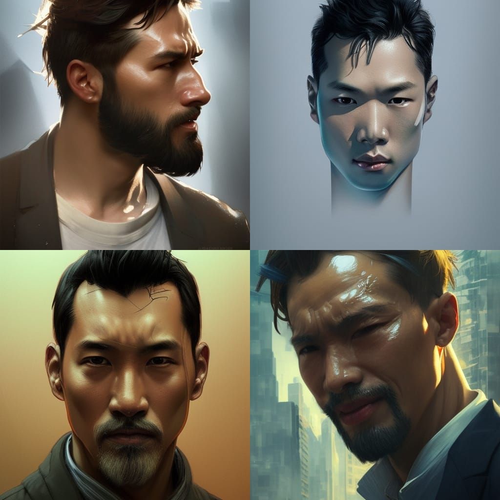 Detailed Portrait of Hong Kong Men in Art Nouveau Style