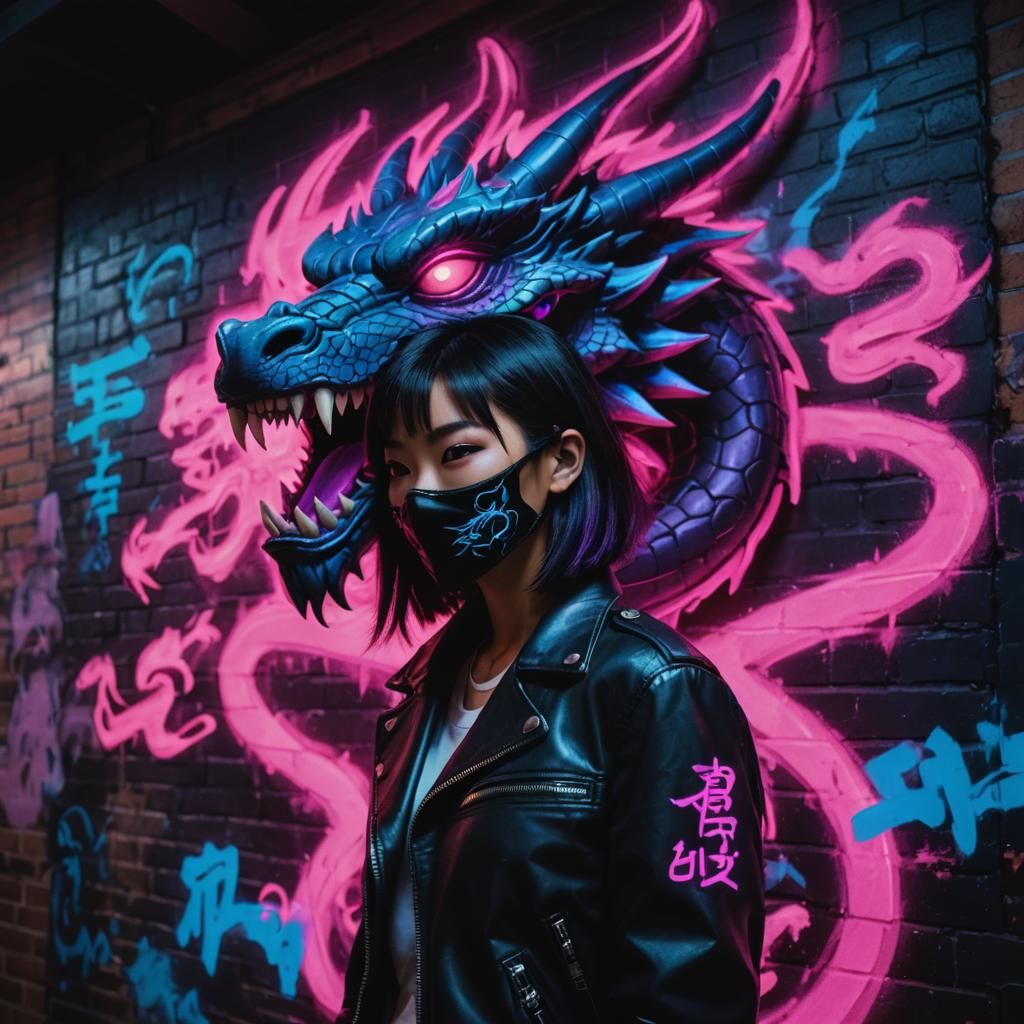 Japanese Graffiti Artist Painting Neon Dragon Mural
