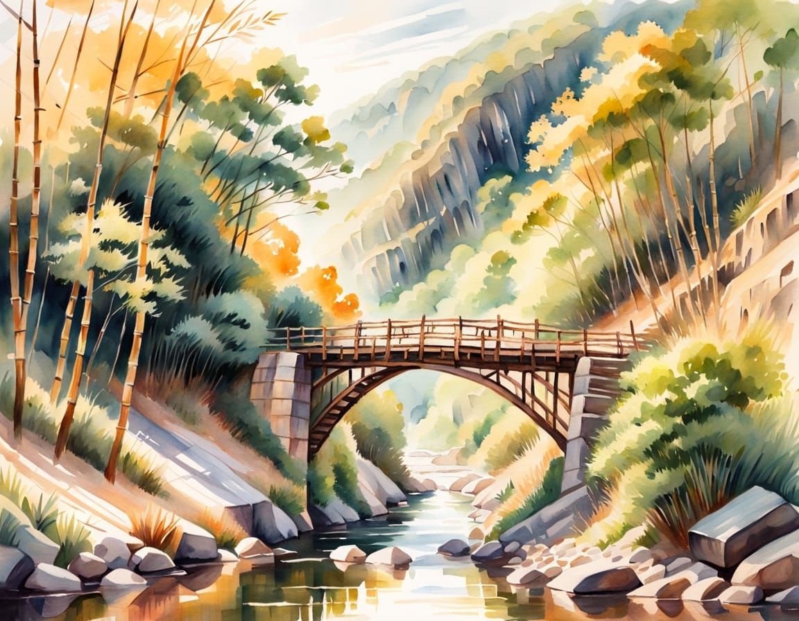Whimsical Impressionist Bridge Over River Gorge