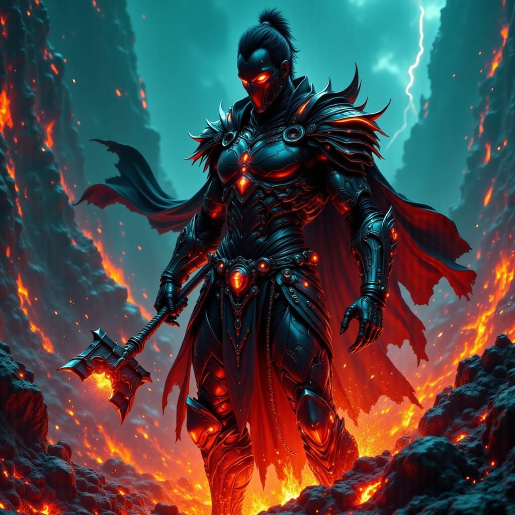 Ares the God if War is covered in obsidian armor.
